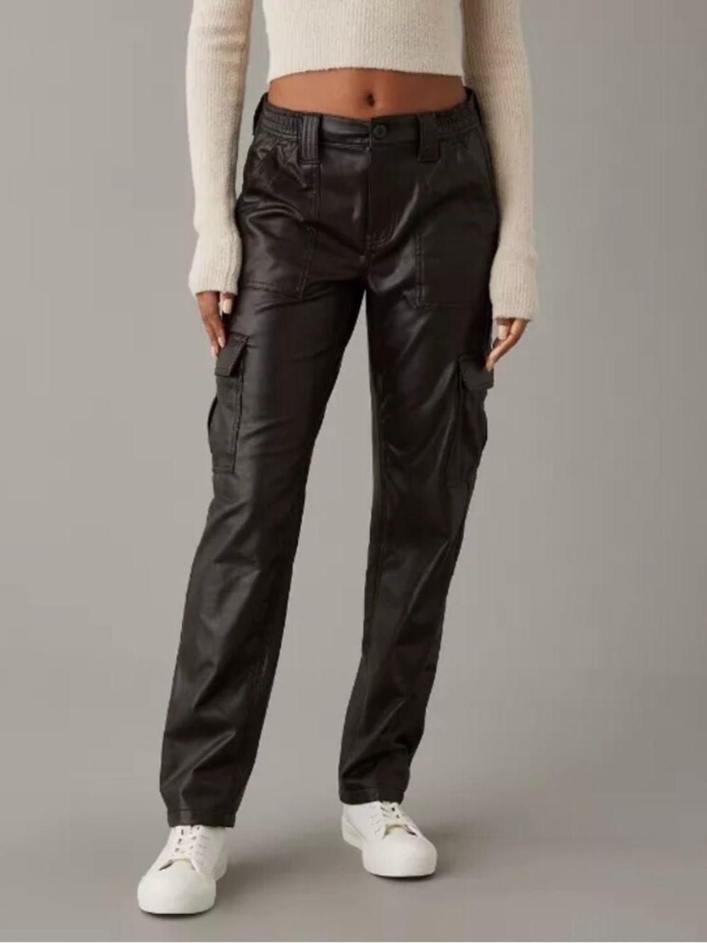 American Eagle Vegan Leather Utility Pants Black High Rise Straight Leg Women 6